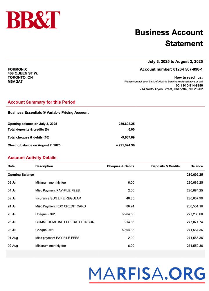 Blank USA BB&T Corp firm account statement Word and PDF template